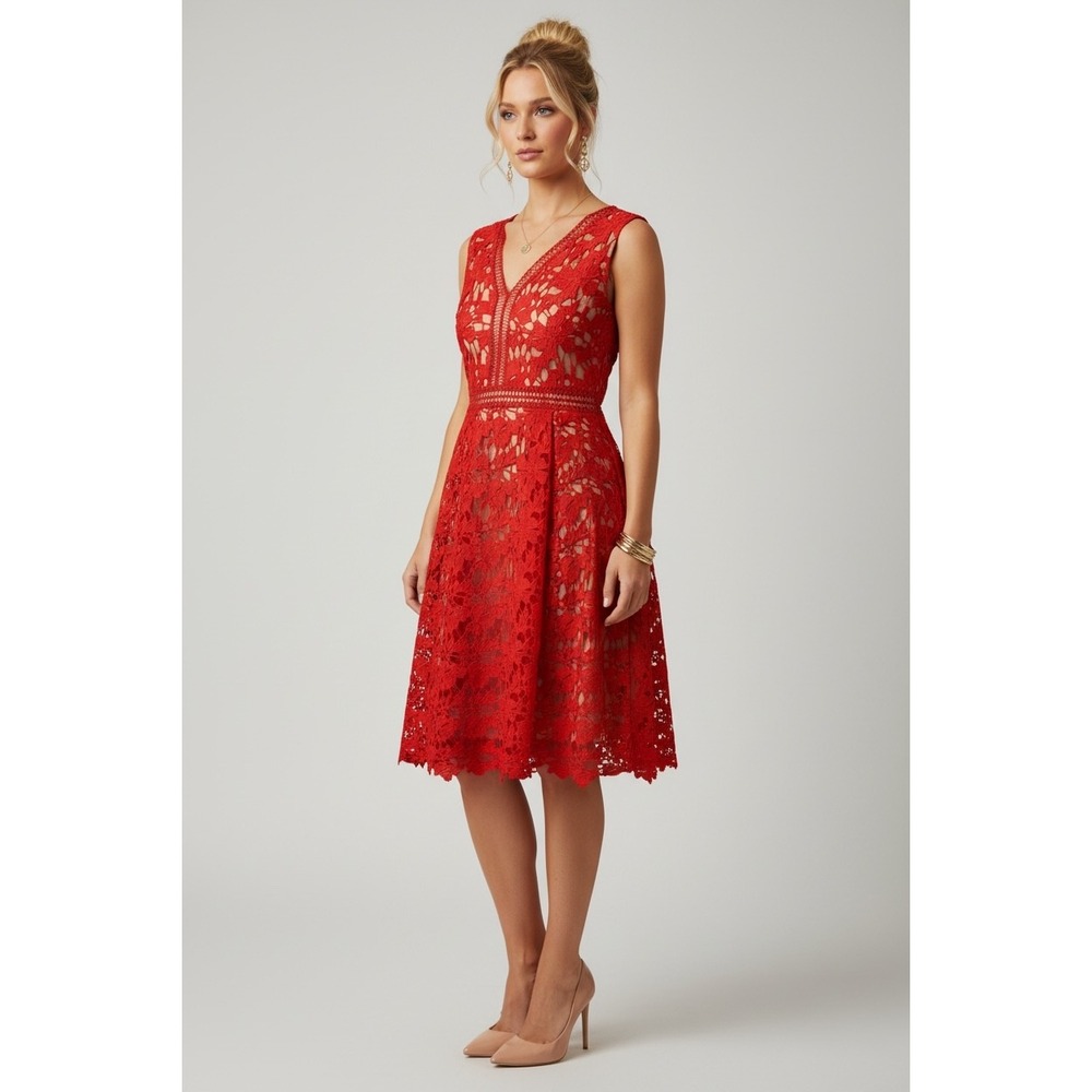 Red Floral Guipure Lace Size 6 V-Neck Midi Dress Sleeveless Cocktail Wedding